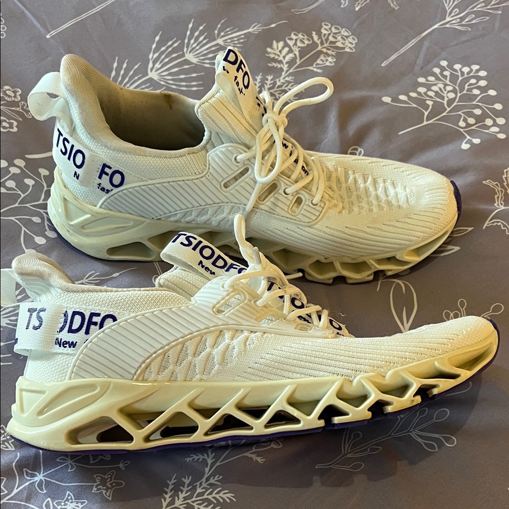 White Knit Chunky Sole Sneakers with Purple Accents